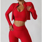 FitiqueFit 3-piece seamless yoga set with jacket, sports bra, and leggings, displayed on a neutral background for activewear.