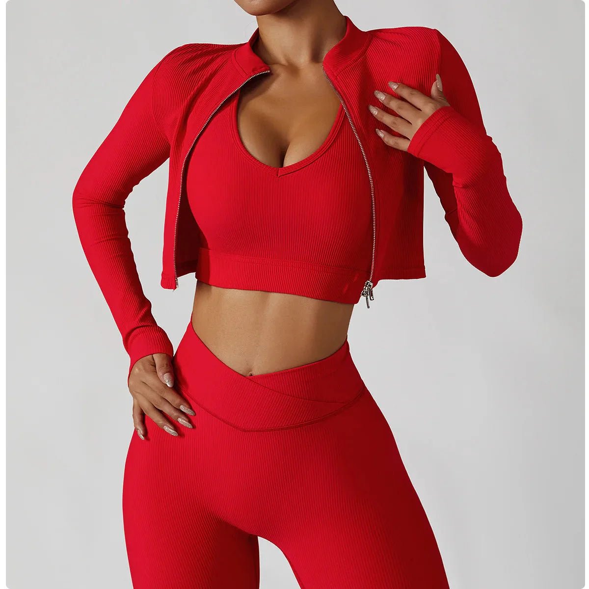 FitiqueFit 3-piece seamless yoga set with jacket, sports bra, and leggings, displayed on a neutral background for activewear.