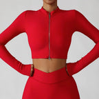 FitiqueFit 3-piece seamless yoga set with a jacket, sports bra, and leggings, shown on a model in activewear.