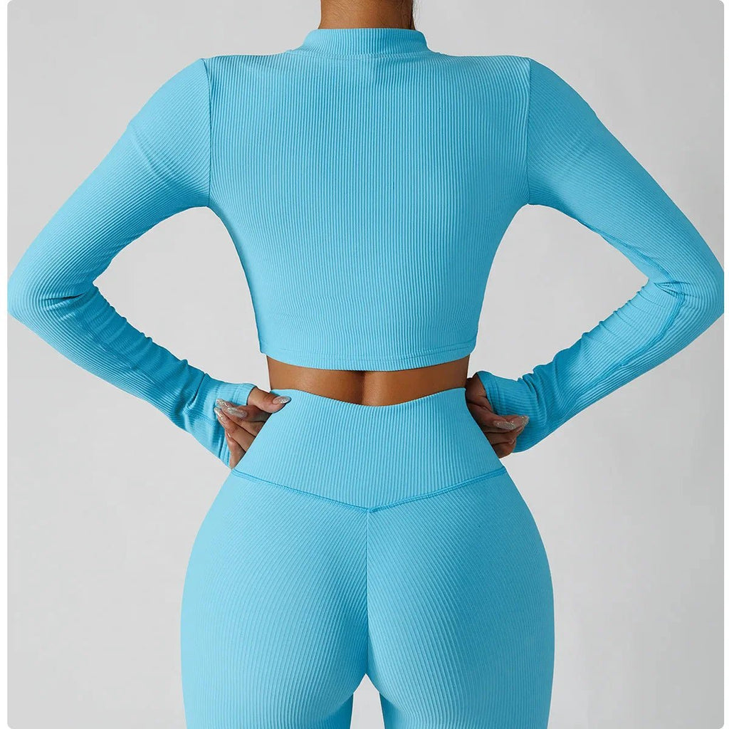 FitiqueFit 3-piece seamless yoga activewear set with a jacket, sports bra, and leggings displayed on a neutral background.