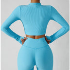 FitiqueFit 3-piece seamless yoga activewear set with a jacket, sports bra, and leggings displayed on a neutral background.