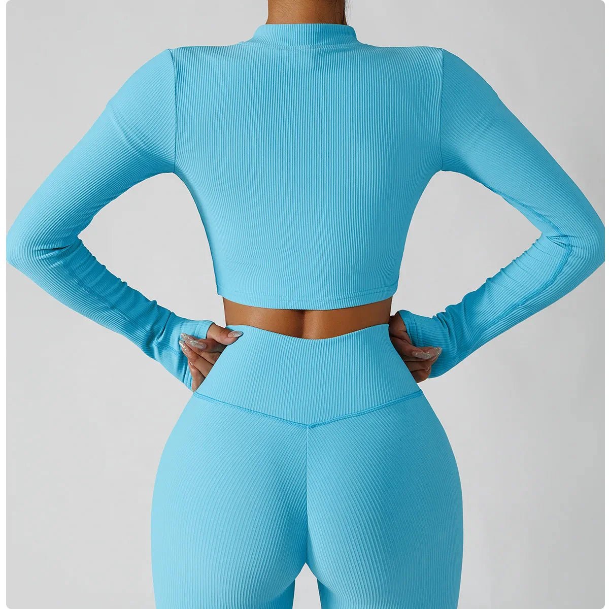 FitiqueFit 3-piece seamless yoga activewear set with a jacket, sports bra, and leggings displayed on a neutral background.
