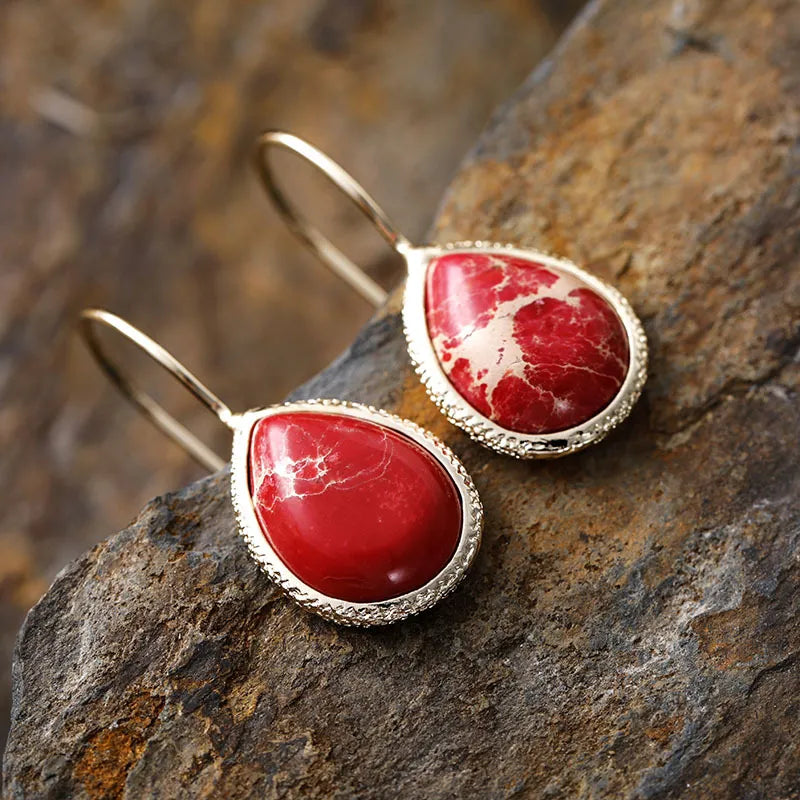 Copper natural stone teardrop earrings with polished finish, stylish jewelry piece from Plush Fashion Hub.
