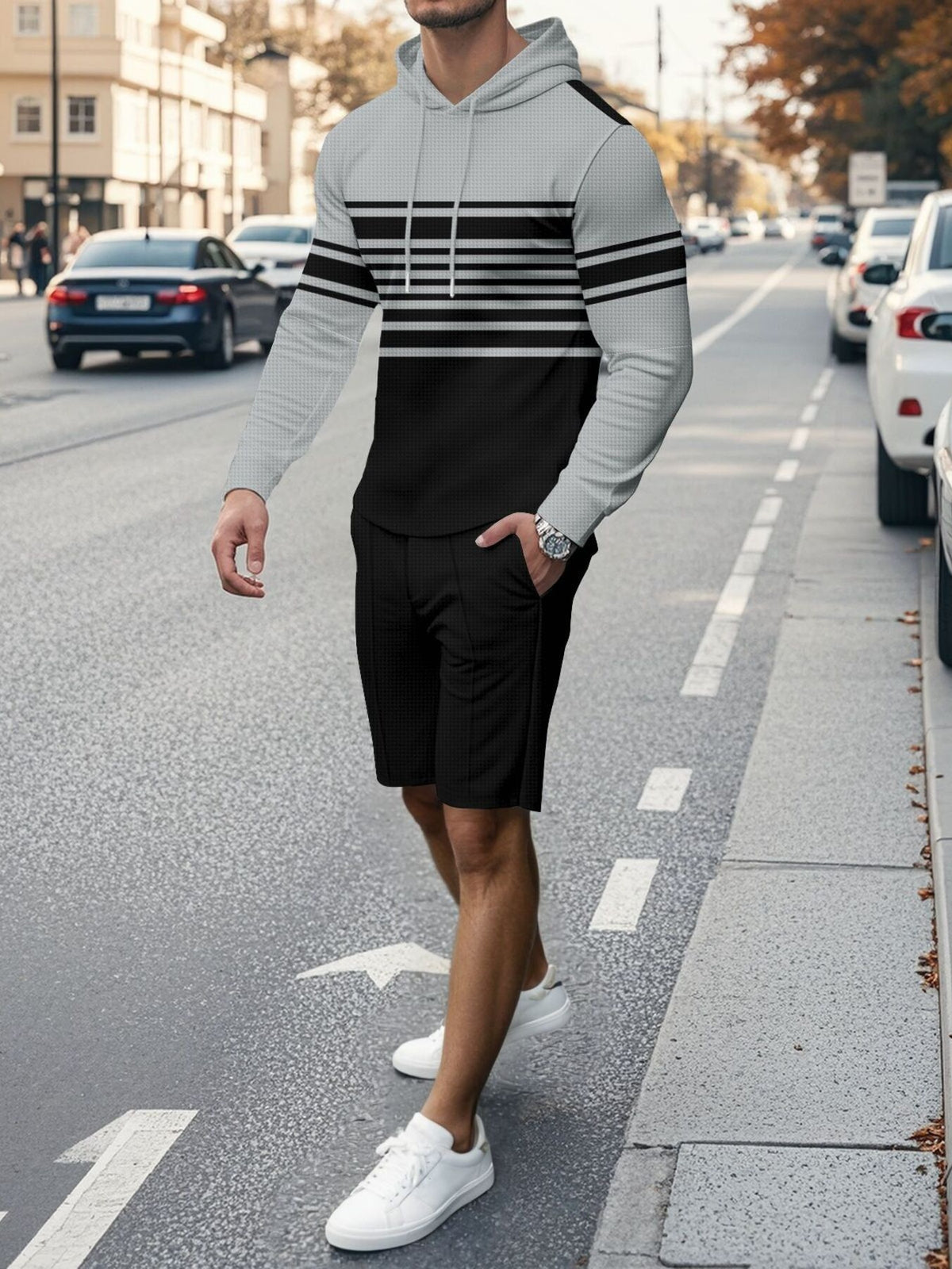 Men's striped hoodie and shorts casual set by Plush Fashion Hub, plus size, with a comfortable, relaxed fit and stylish design.