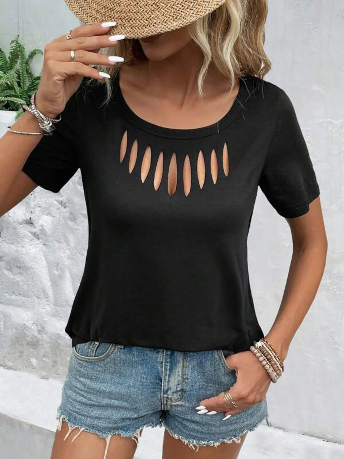 Plush Fashion Hub hollow out neckline short sleeve T-shirt, stylish top with cutout detail and casual fit, black color, front view