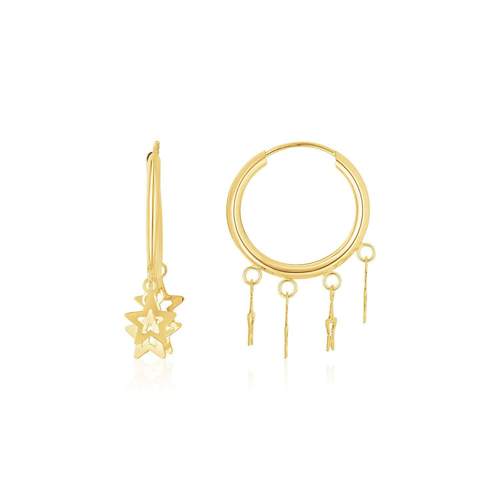 14K yellow gold endless star charm huggie hoop earrings with delicate design and secure hoop closure.