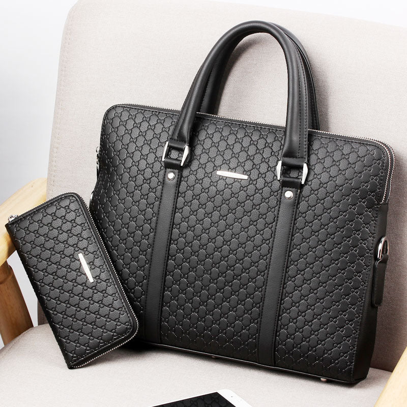 Men's Pi-Mart business briefcase with sturdy leather exterior and multiple compartments for professional storage.