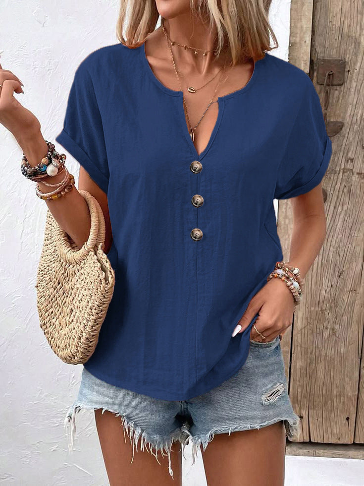 Women's short-sleeve V-neck T-shirt top with buttoned front from LadyShow.Store, casual and stylish top for everyday wear.