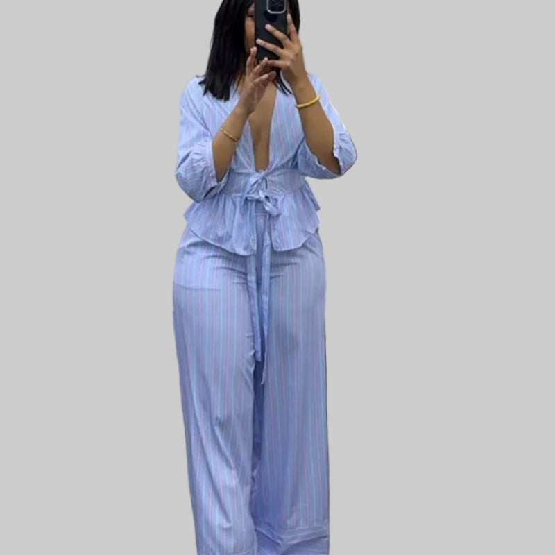 Coastal Chic V-Neck Striped Lace-Up Set