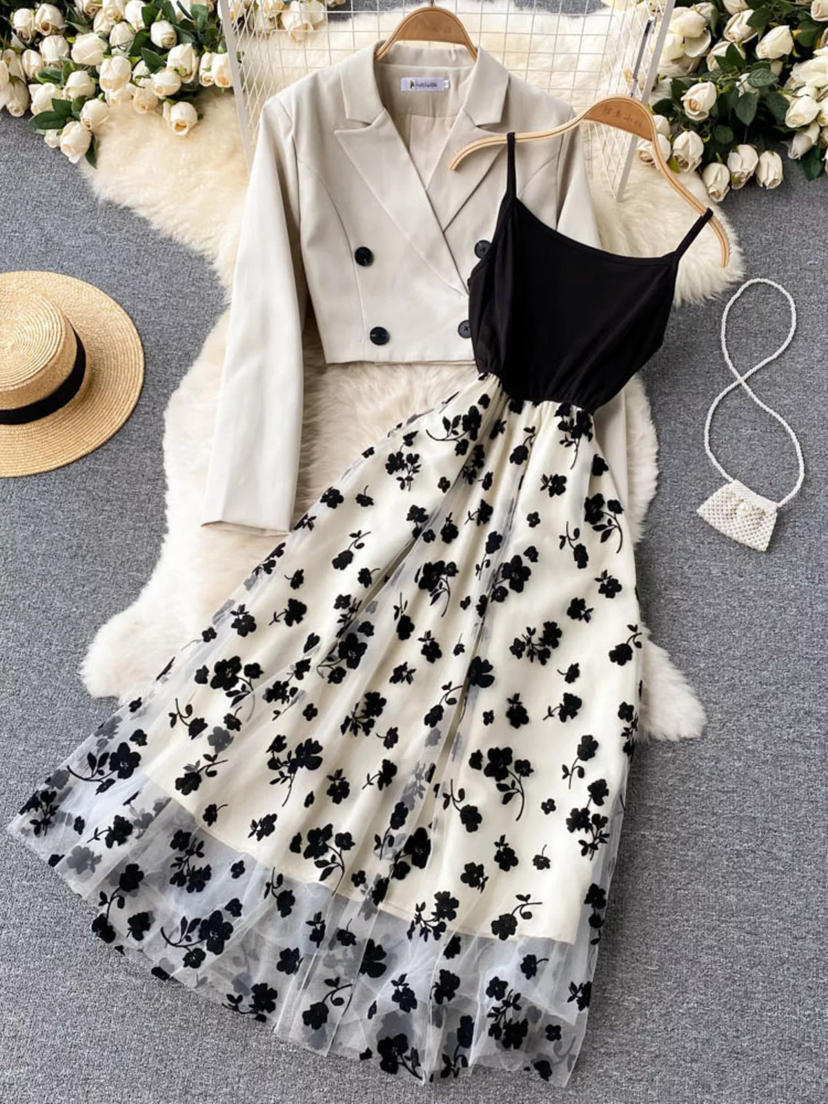 Elegant floral mesh two-piece dress and blazer set by Plush Fashion Hub, featuring intricate floral patterns and stylish design.