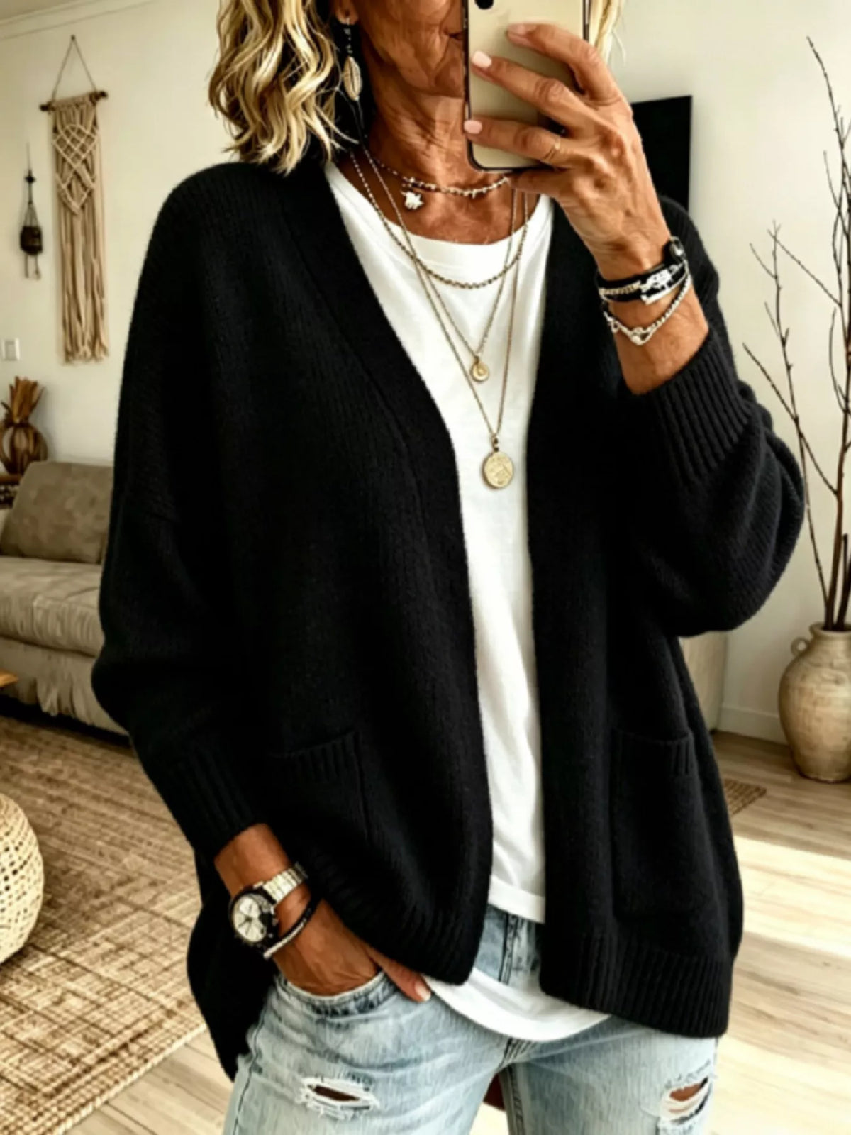 Open front knit cardigan with pockets, Trendsi, featuring a cozy, casual design in soft fabric, ideal for layering and comfort.