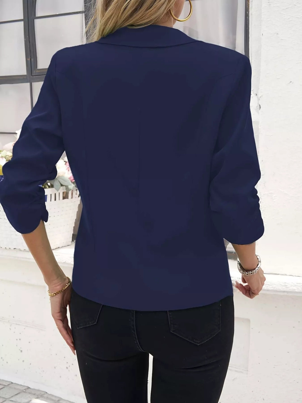 Plus size casual blazer with one button, lapel collar, from Trendsi, shown in a full-length view with stylish fit.