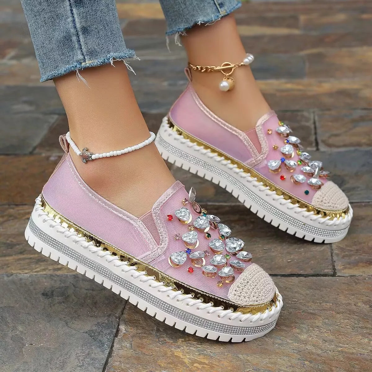 Rhinestone decor platform loafers from Trendsi, stylish footwear with sparkling rhinestone details and a chunky sole.