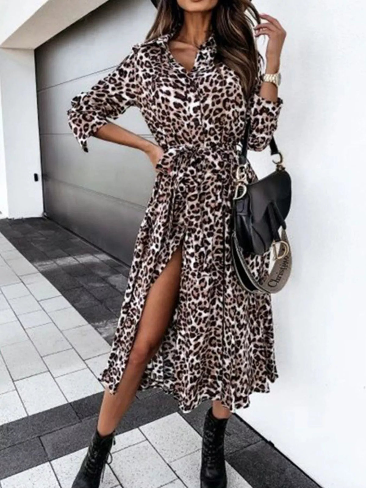 Leopard print button-down midi dress with belt from Trendsi, featuring a stylish, flowy silhouette and long sleeves.