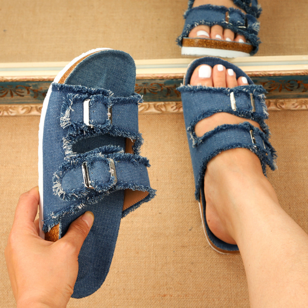 Plush Fashion Hub frayed edge buckle sandals with ankle straps and open toe design, perfect for casual summer wear.