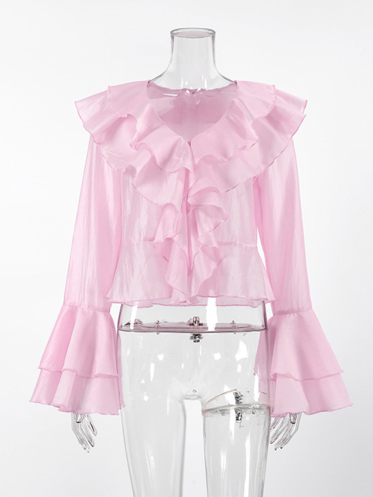 Women’s elegant ruffle trim long sleeve blouse from Plush Fashion Hub, made of soft Tencel blend with stylish details.