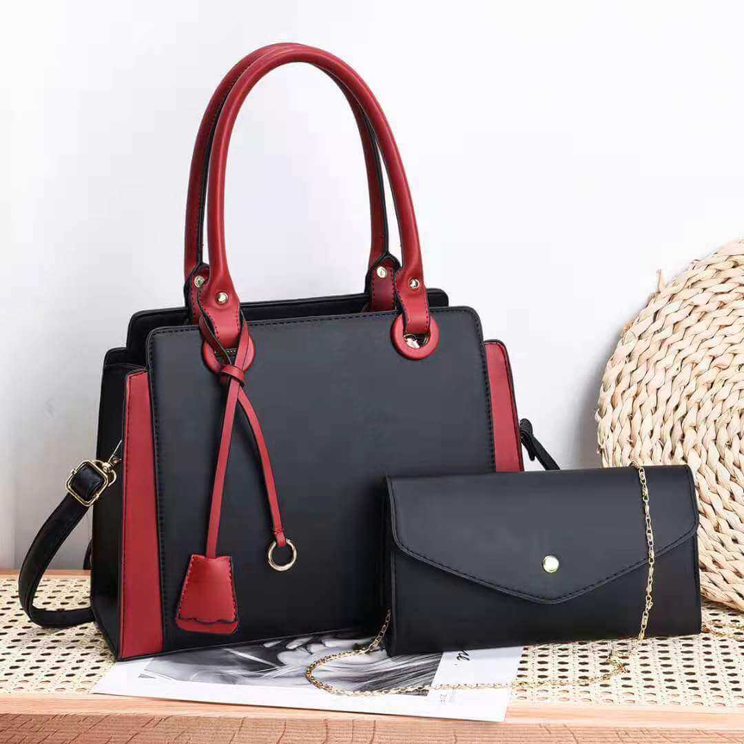 Fashionable women's handbag and wallet set in black and red, with European and American style design.