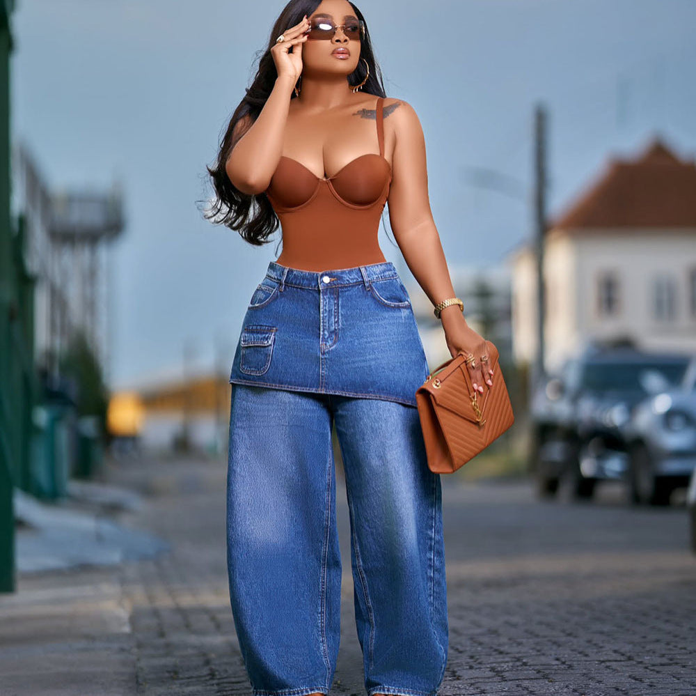 Eprolo washed elastic waist straight-leg denim jeans showing front view with classic five-pocket design and light distressing.