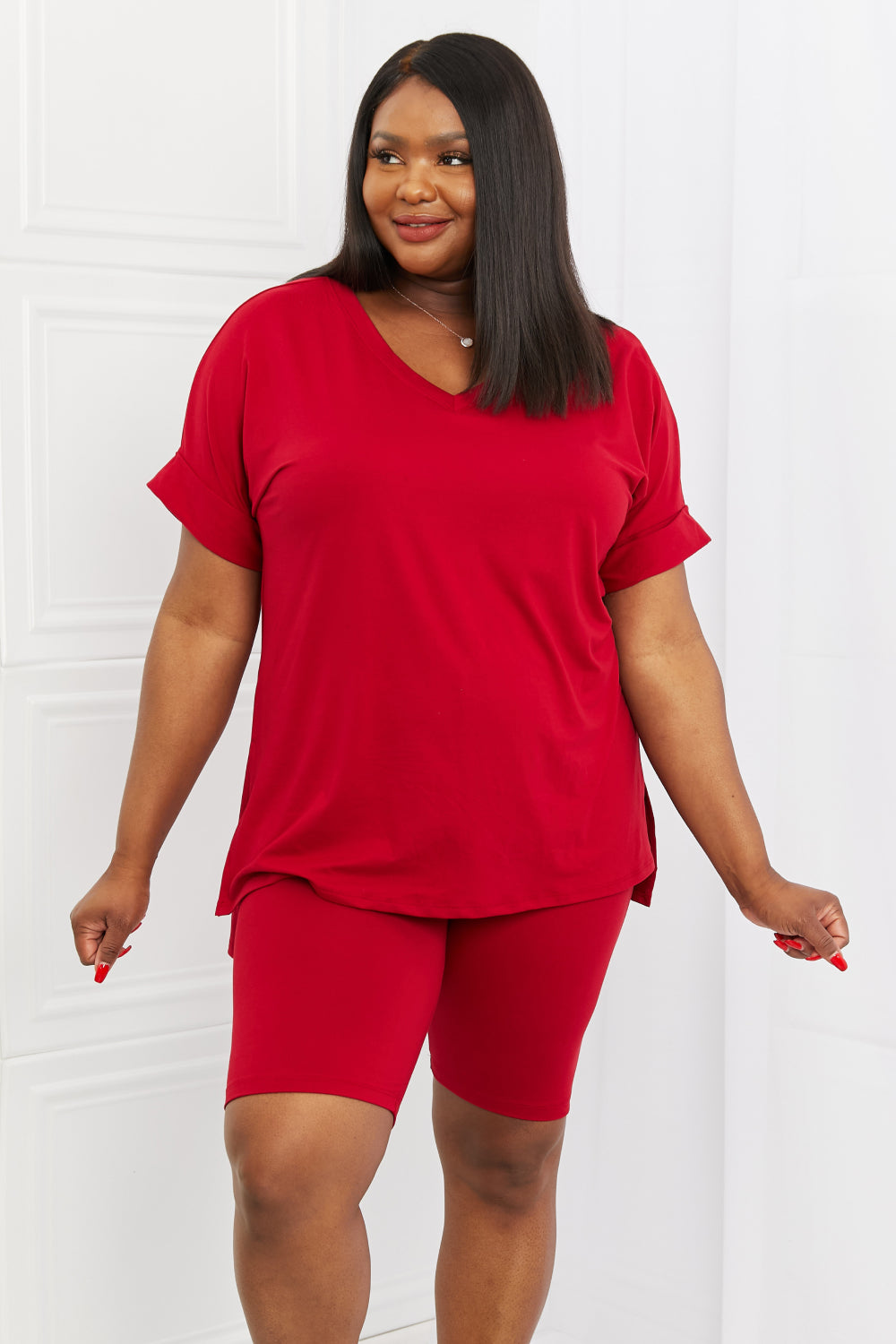 Burgundy brushed V-neck lounge top and biker shorts set for women, casual apparel by Plush Fashion Hub, comfortable and stylish.