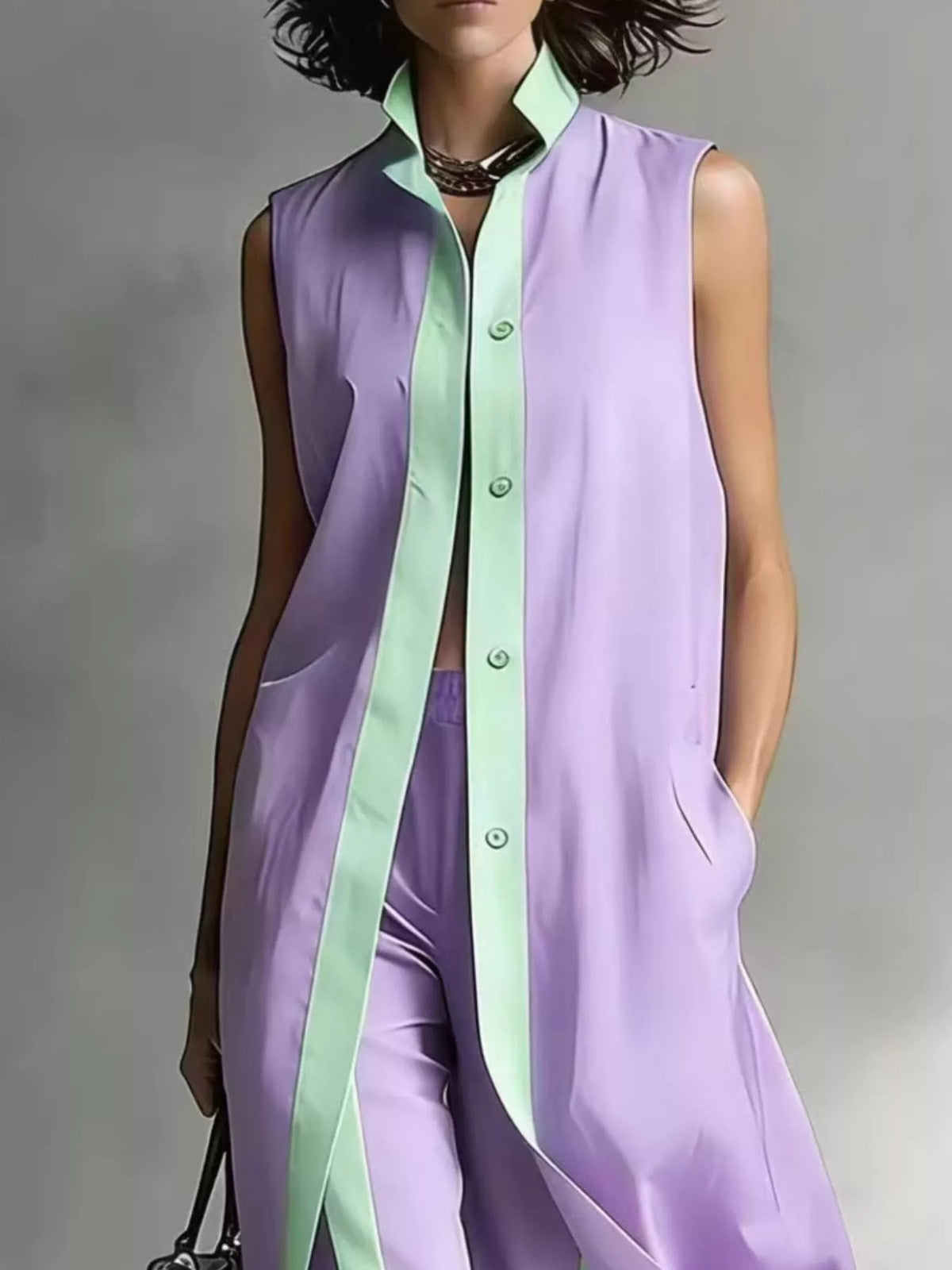 Plus size sleeveless longline vest and wide leg pants matching set by Trendsi, with lightweight fabric and relaxed fit.