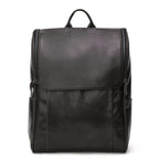 Black leather computer backpack with first layer leather for durability and style, featuring multiple compartments and adjustable straps.