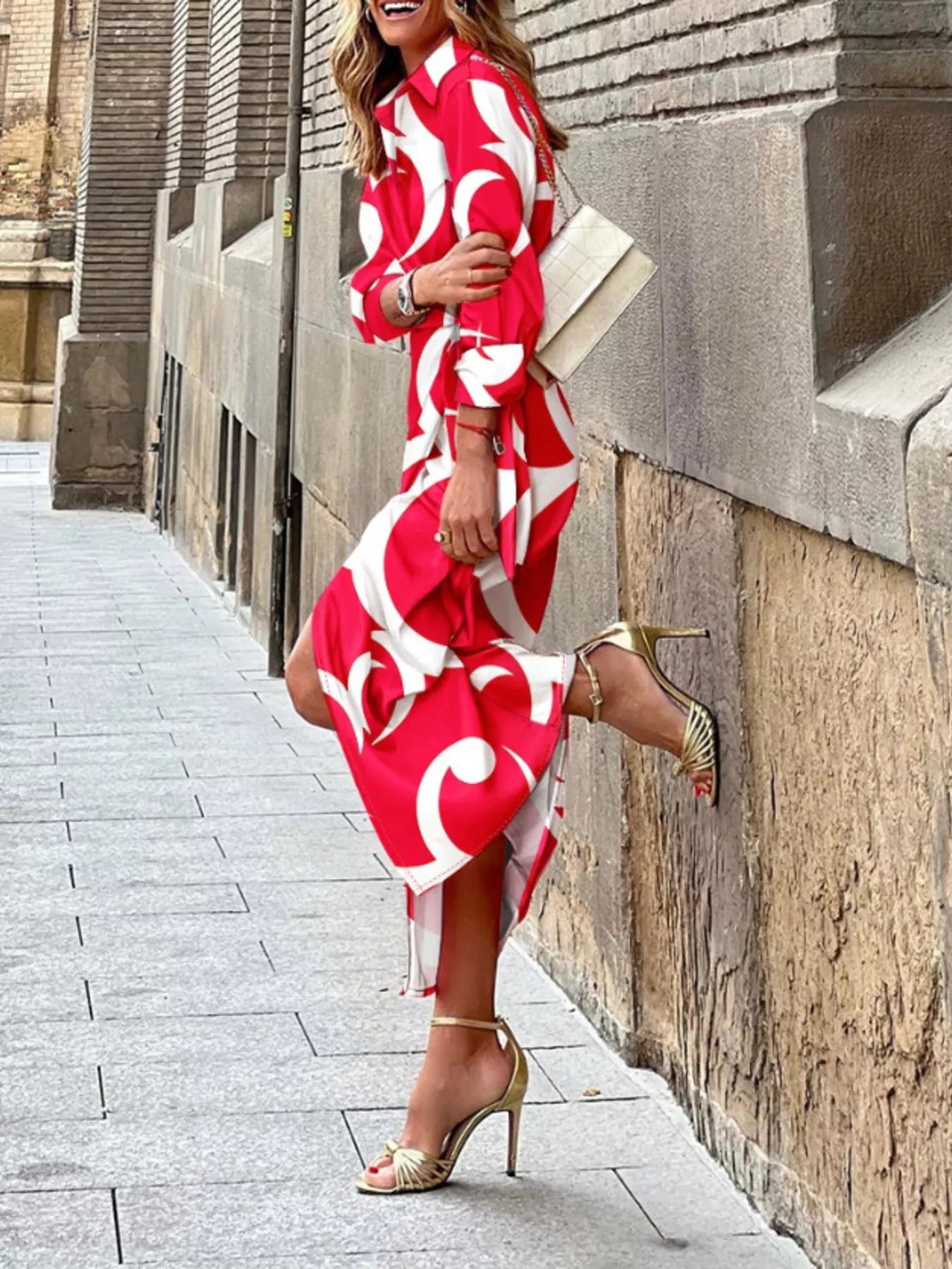 Printed collared neck shirt dress from Trendsi, featuring a stylish collar, button front, and a relaxed fit.