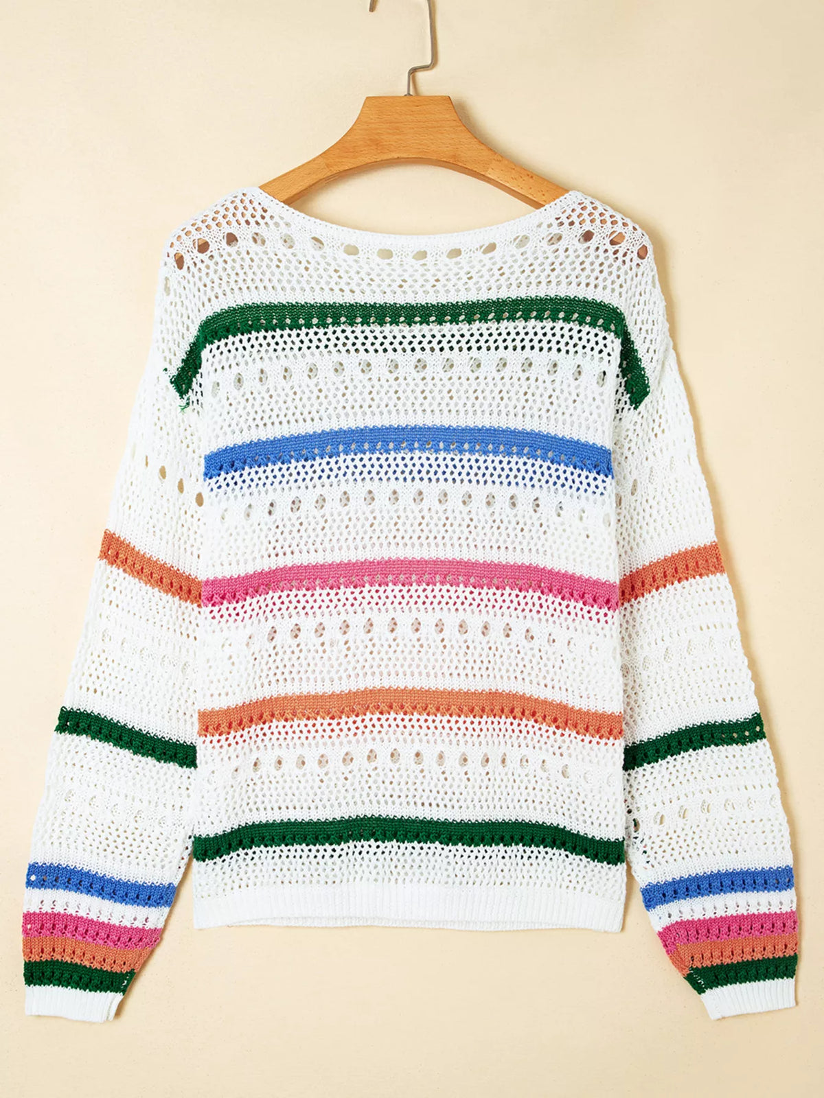 Trendsi color block striped pointelle knit sweater featuring a cozy, lightweight design with vibrant color sections and a soft texture.