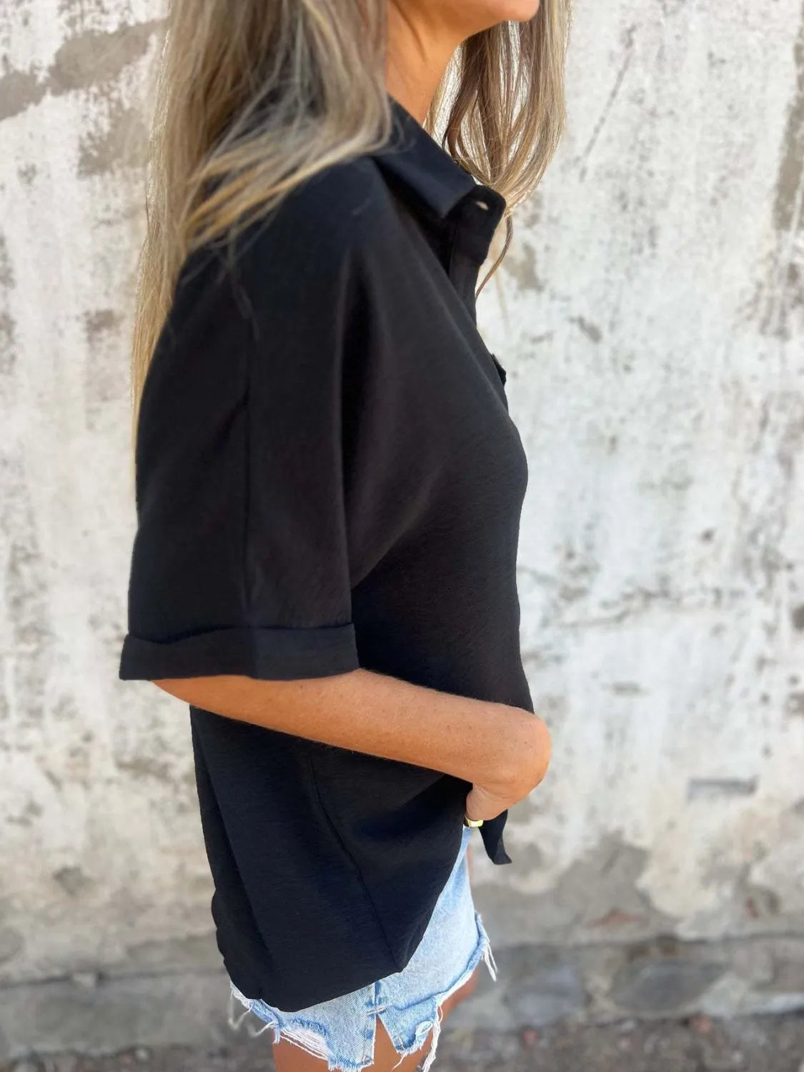 Women's collared button-down office blouse by Plush Fashion Hub, featuring half sleeves and a professional, stylish design.