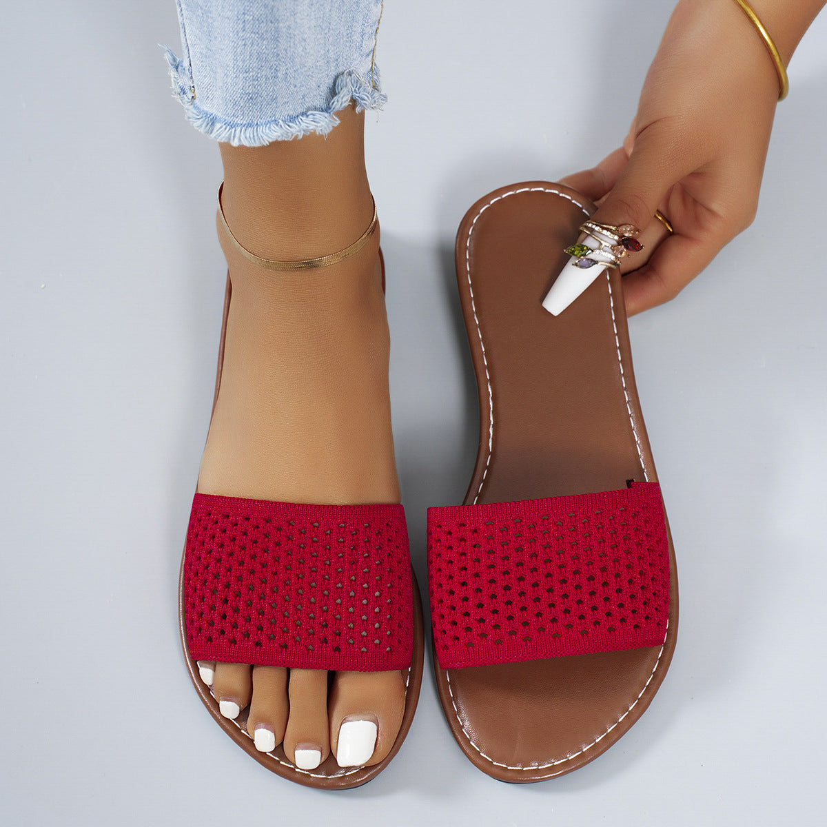 Breathable hollow-out open toe sandals by Plush Fashion Hub featuring stylish cut-out design and comfortable flat sole.