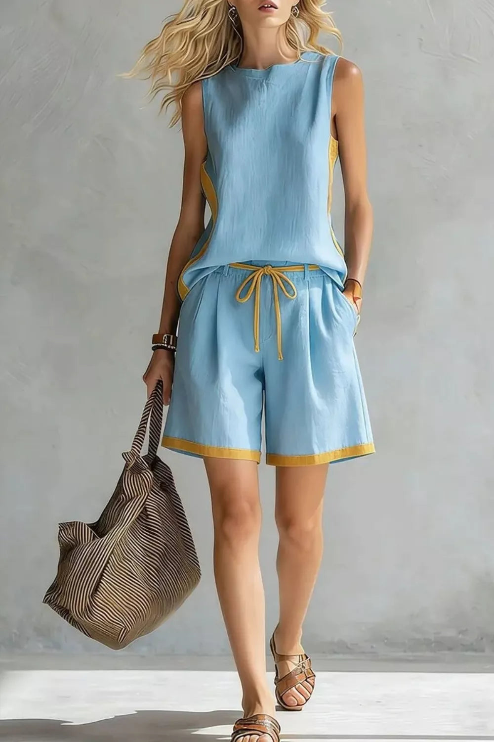 Contrast trim sleeveless tank and shorts loungewear set by Plush Fashion Hub, featuring a comfortable tank top and matching shorts.