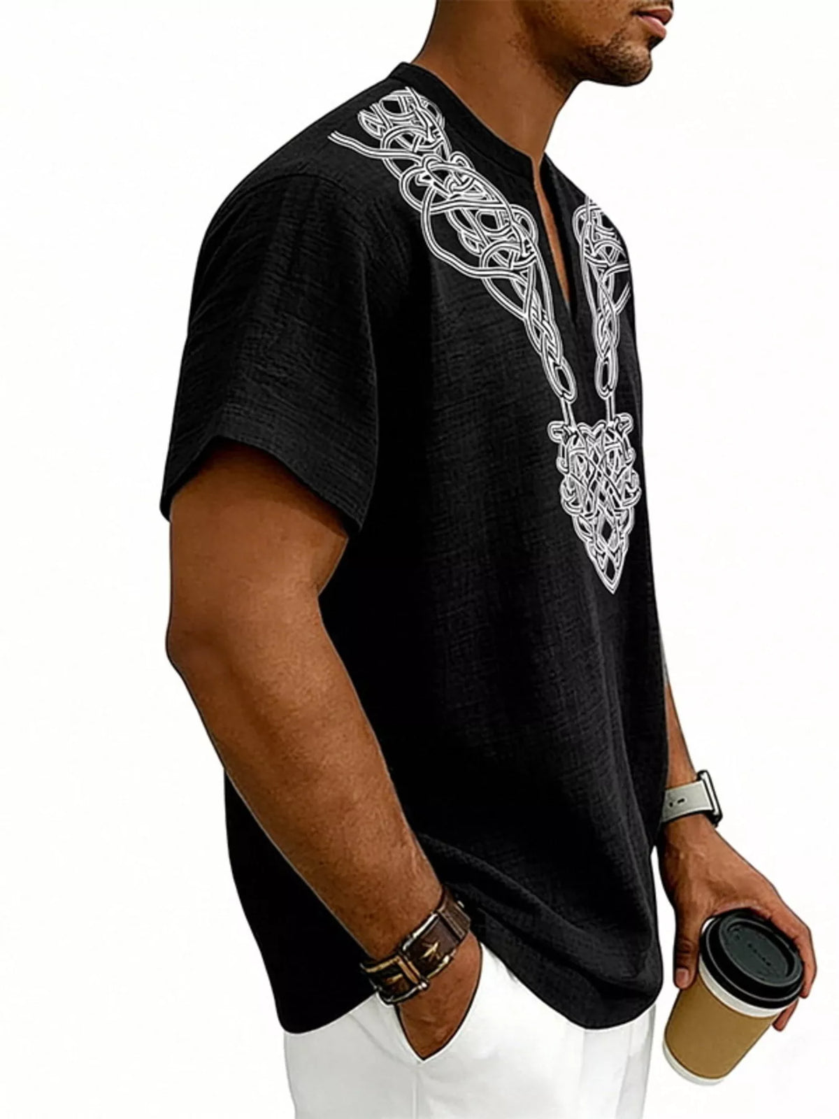 Men's plus size printed notched short sleeve blouse by Plush Fashion Hub, featuring a stylish design and comfortable fit.