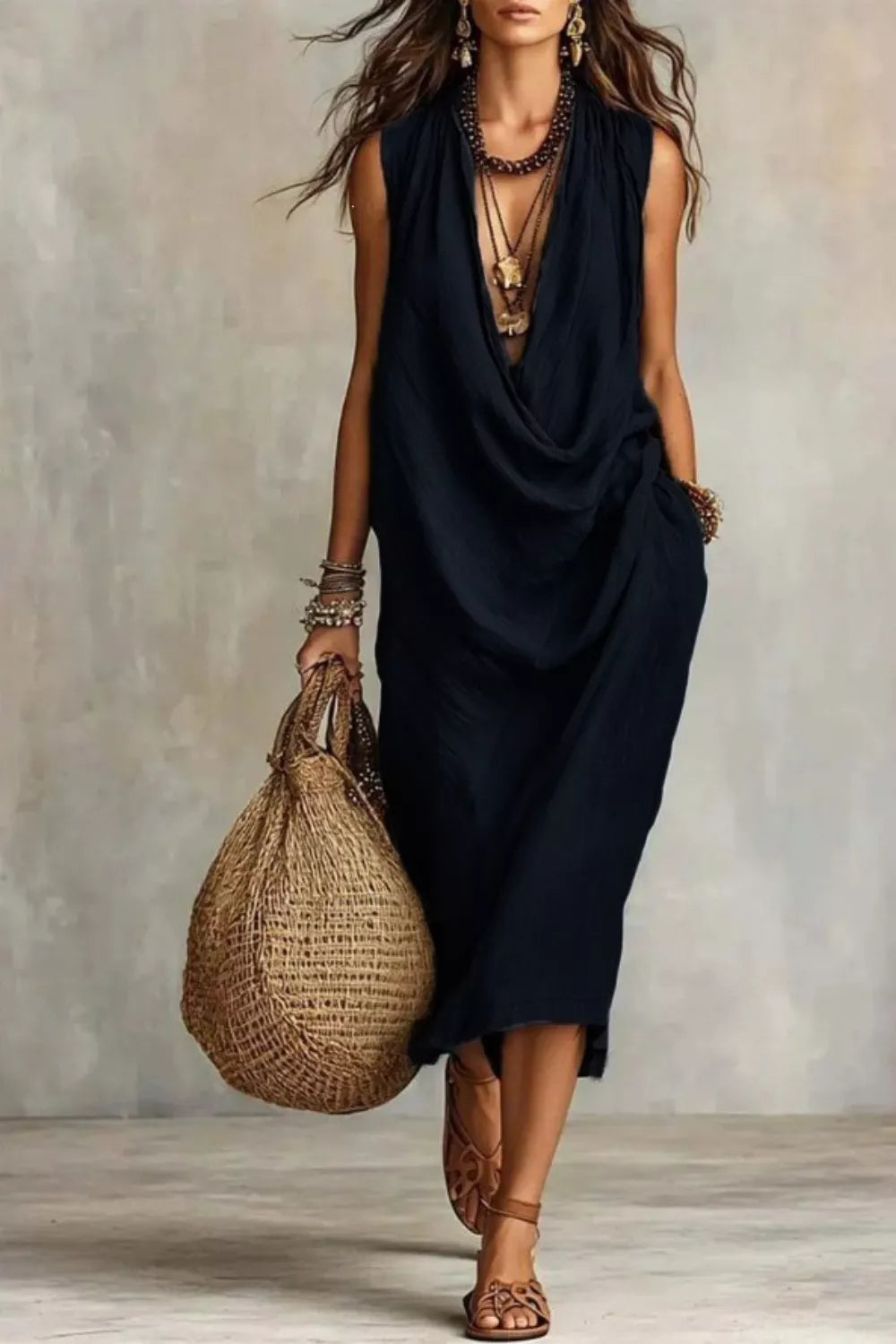 Plush Fashion Hub sleeveless drape neck midi dress, elegant and flowing, perfect for casual or semi-formal occasions.