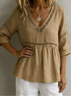 Women's V-neck hollow-out fringe cotton-linen casual top by FitiqueFit, featuring a stylish V-neck and fringed details.