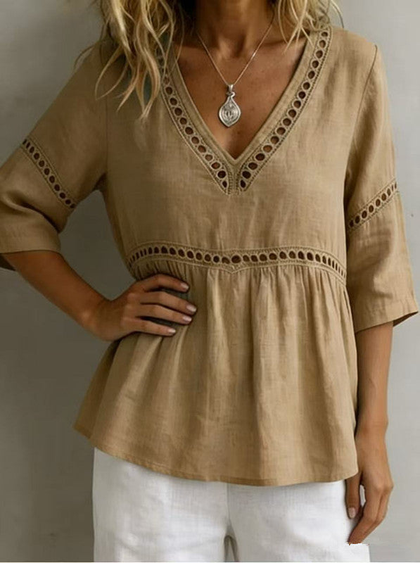 Women's V-neck hollow-out fringe cotton-linen casual top by FitiqueFit, featuring a stylish V-neck and fringed details.