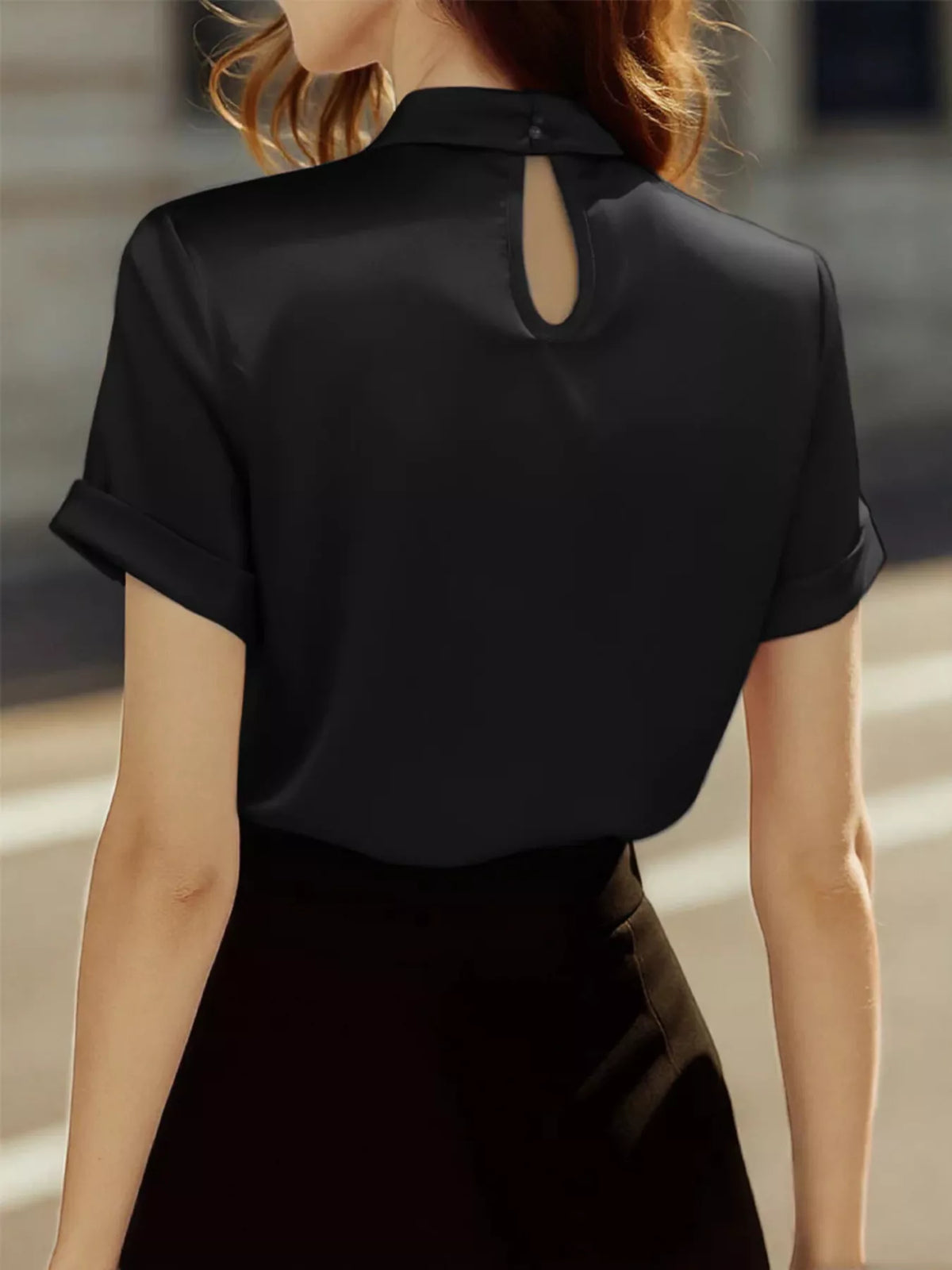 Plush Fashion Hub satin keyhole short sleeve blouse with a relaxed fit, featuring a stylish neckline and smooth fabric.