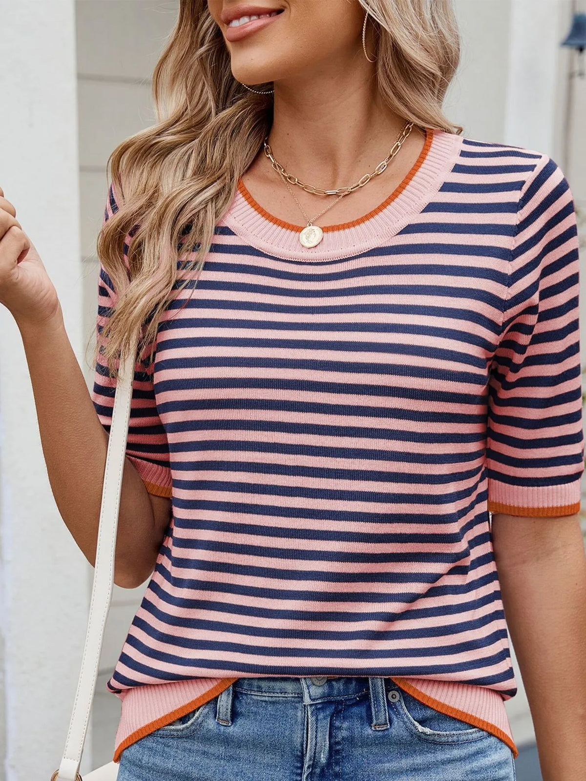 Striped casual T-shirt with contrast trim from Plush Fashion Hub, featuring a comfortable fit and stylish design.