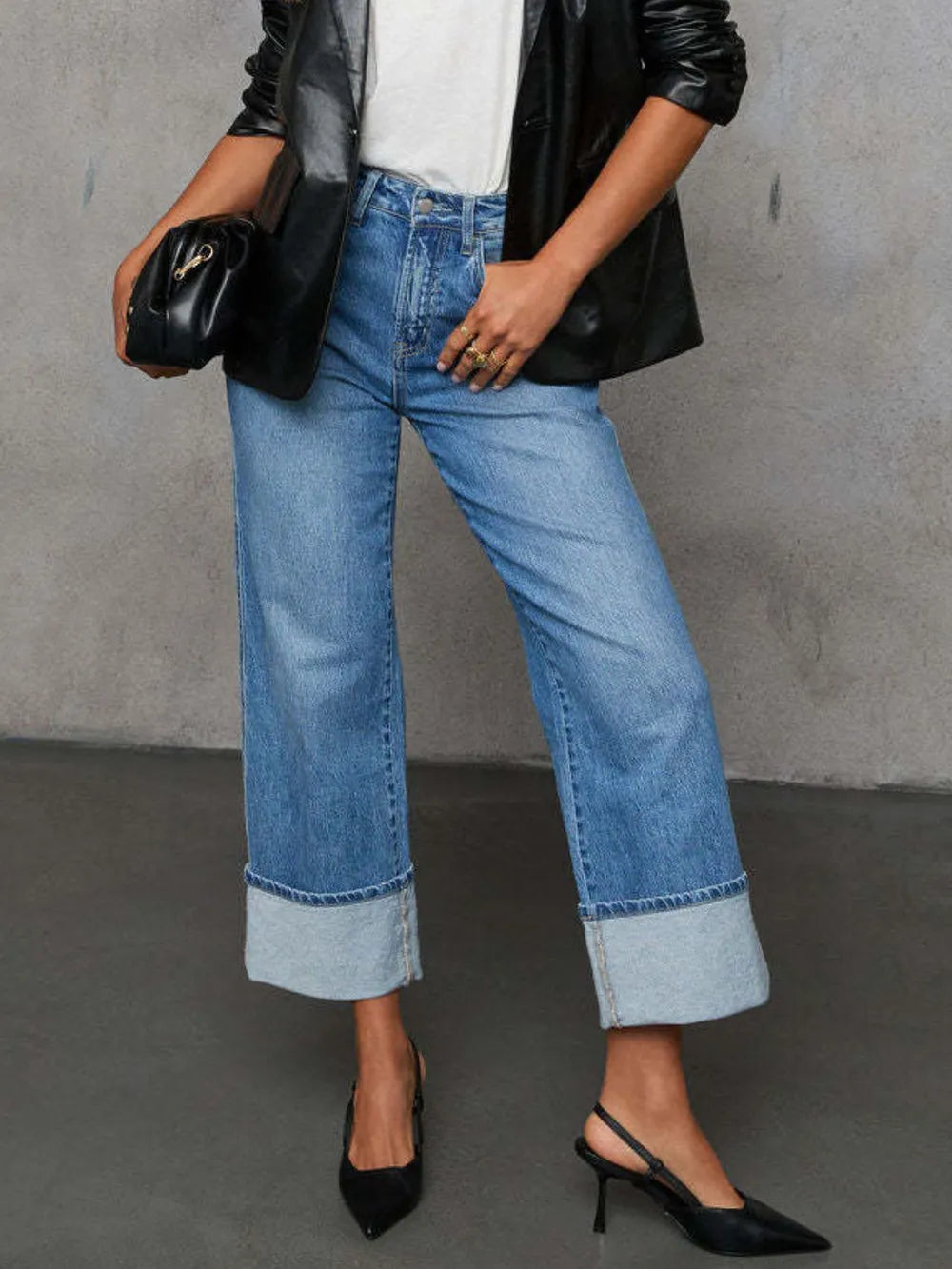 Trendsi high waisted straight leg rolled denim jeans, showing front view with rolled cuffs and classic denim texture.