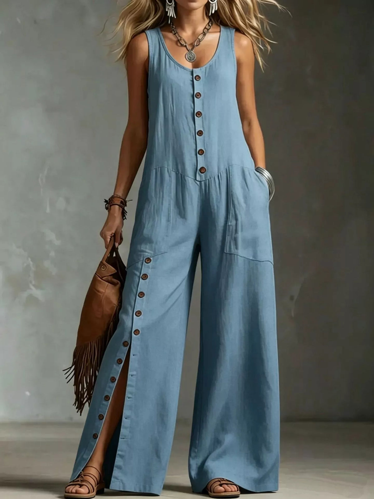 Plus size sleeveless jumpsuit by Plush Fashion Hub featuring a button-front, wide-leg design in full size.