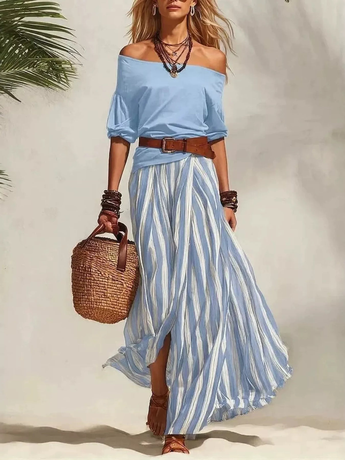 Off shoulder top and striped maxi skirt set by Plush Fashion Hub, featuring a stylish matching outfit with a flowy skirt and trendy top.
