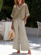 Women's striped tunic top and casual trousers two-piece set by FitiqueFit, featuring a stylish, comfortable casualwear outfit.