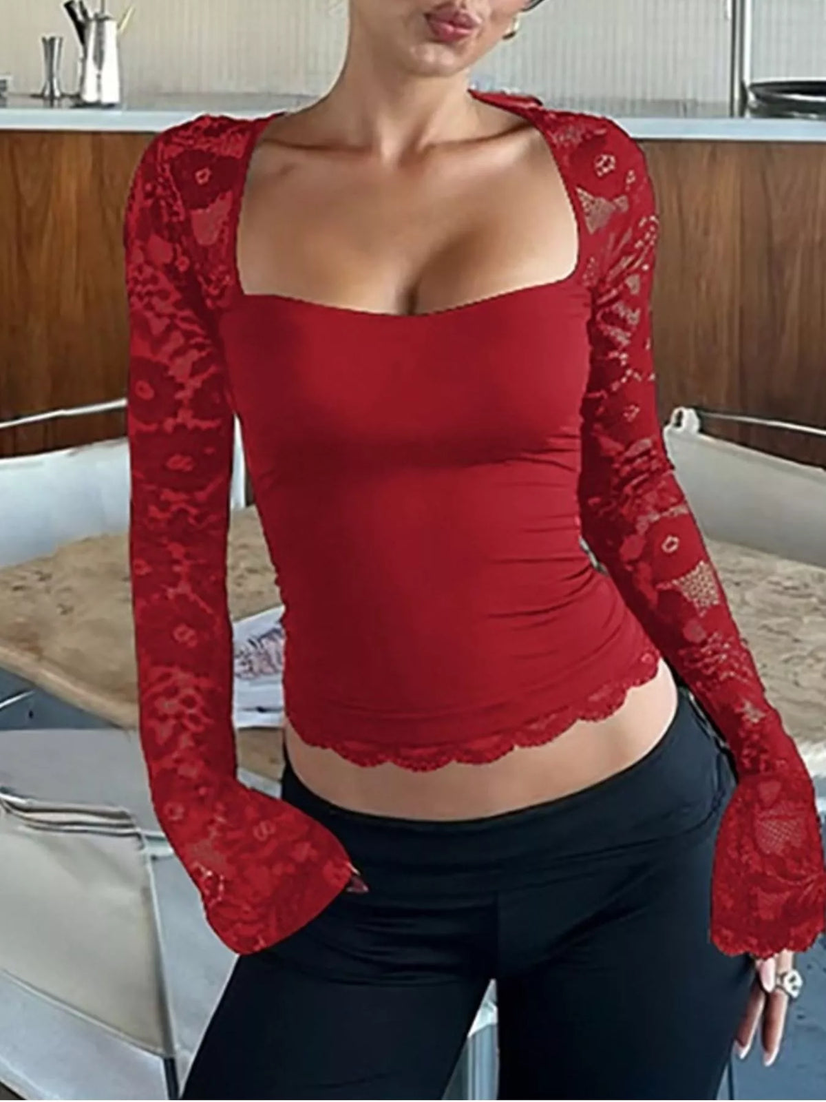 Sheer lace sleeve square neck T-shirt from Plush Fashion Hub, stylish tops with elegant lace detailing and a modern square neckline.