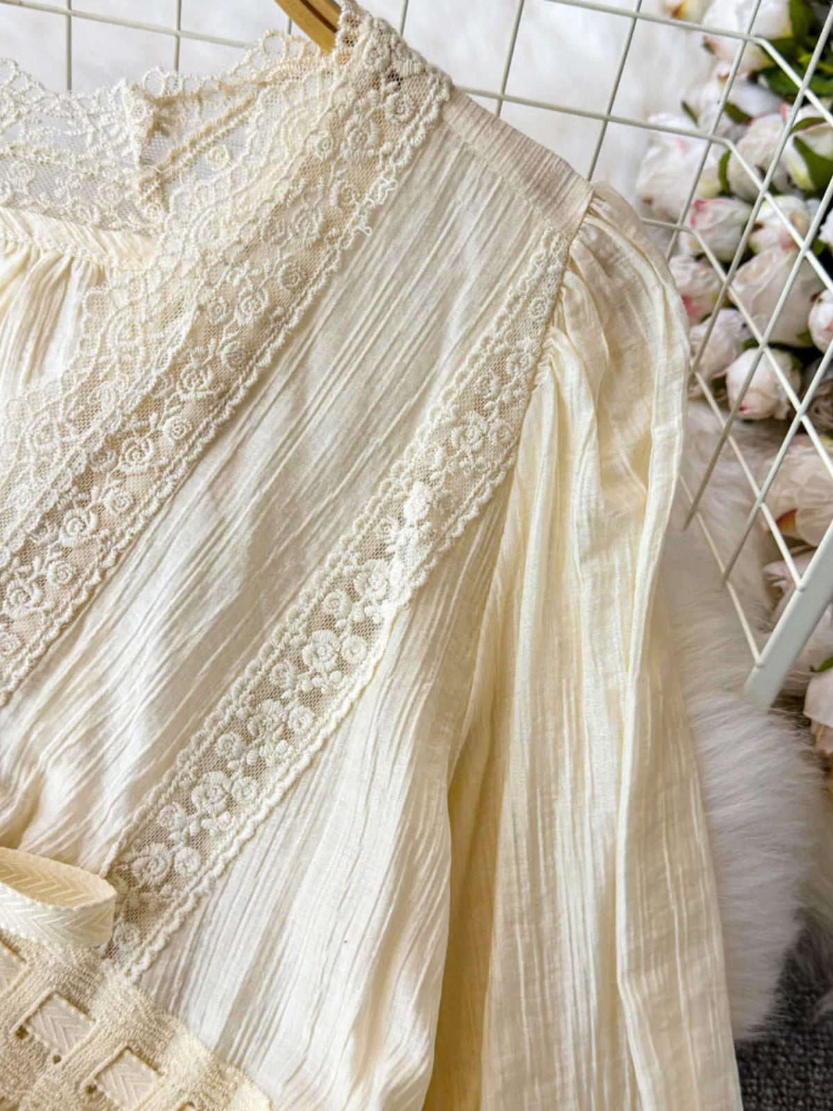 Lace detail V-neck blouse dress by Plush Fashion Hub, featuring elegant fabric and stylish design, perfect for casual or formal wear.