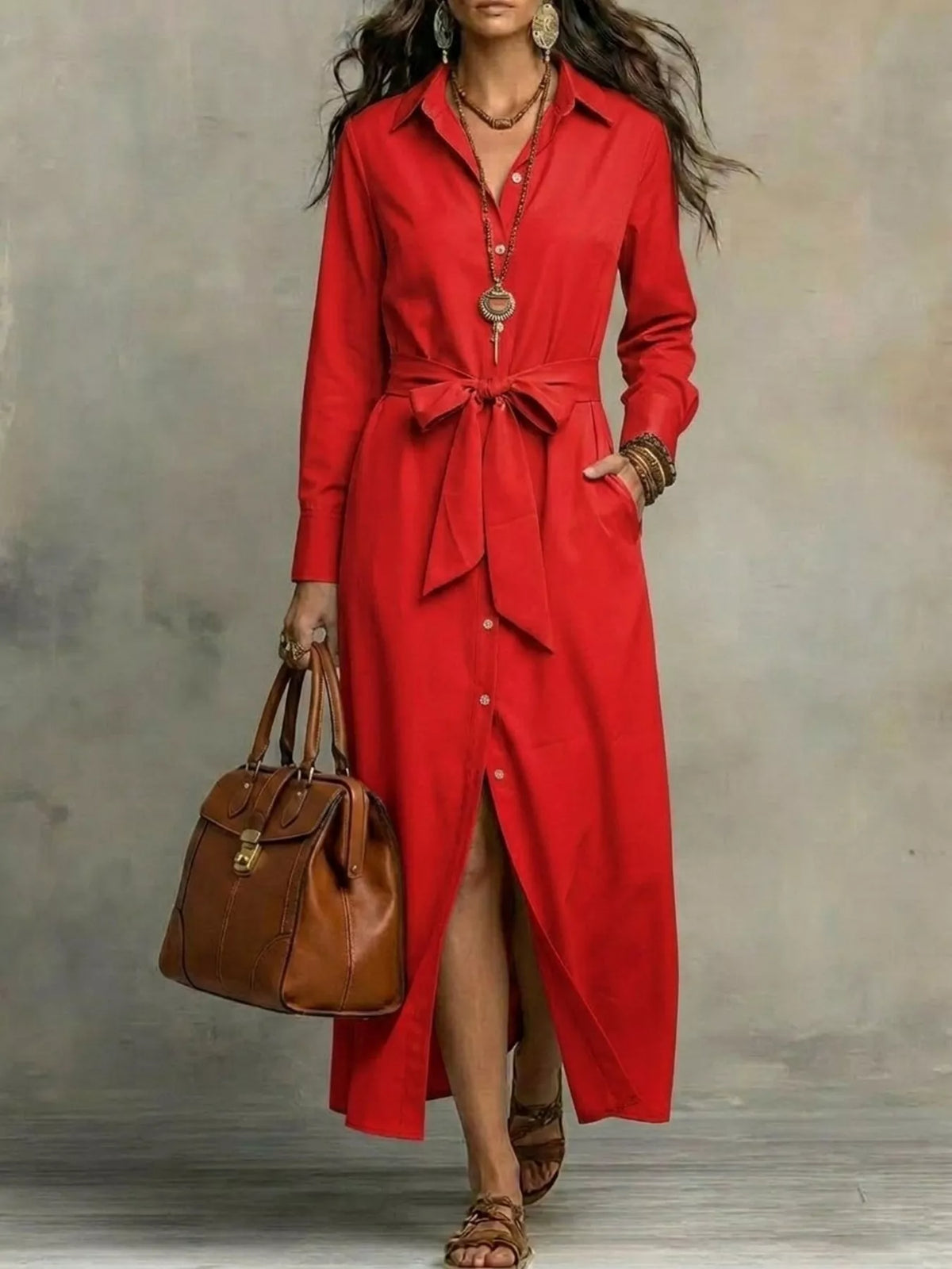 Plus size long sleeve tie waist shirt dress by Plush Fashion Hub, stylish full-size dress with a flattering fit and button front.
