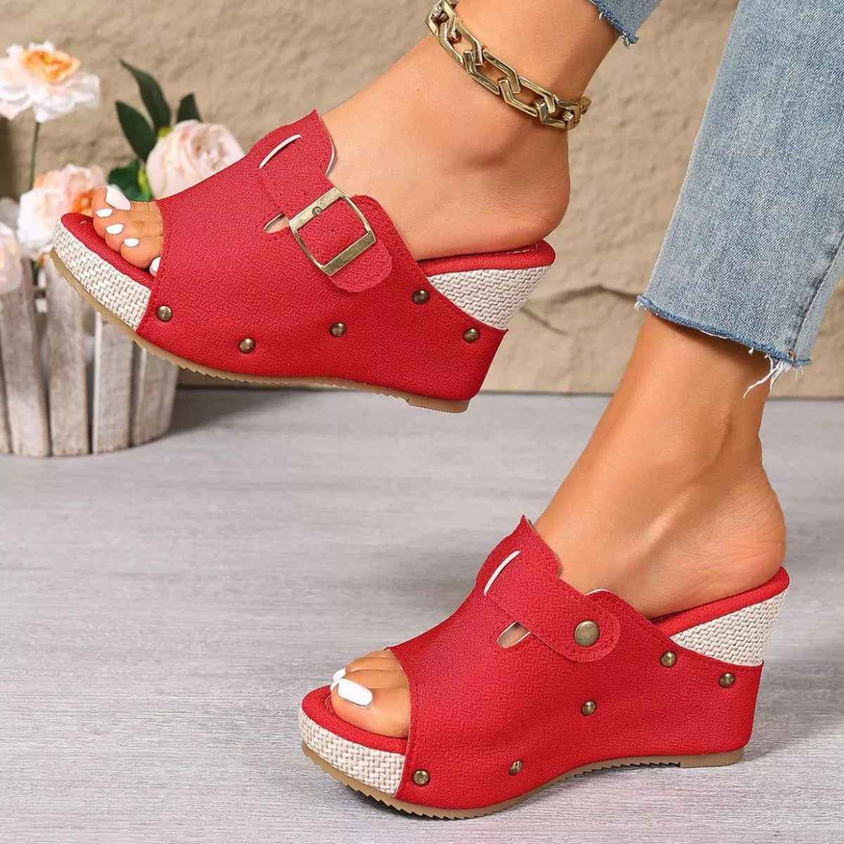 Plush Fashion Hub open toe wedge sandals with plush straps and a chunky heel, perfect for stylish summer footwear.