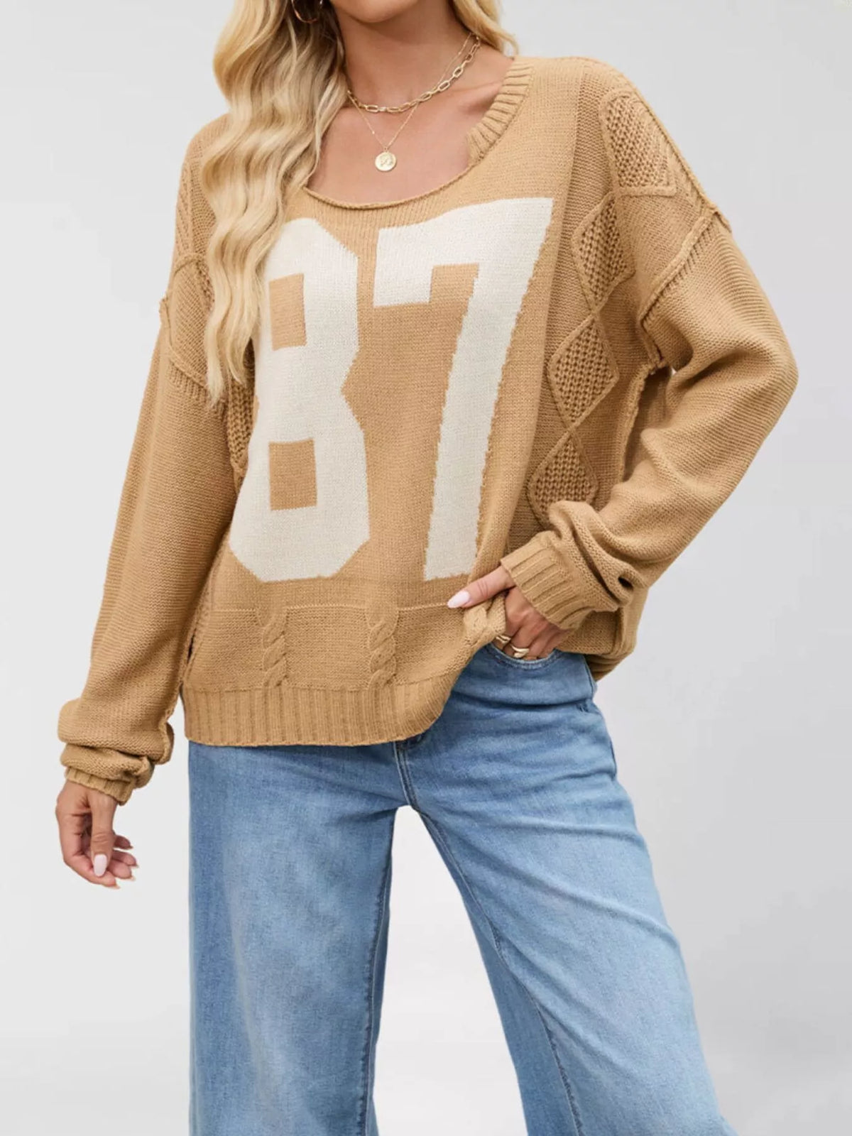 Cable-knit sweater with 78 number pattern, Trendsi tops, featuring a cozy, textured design in a neutral color.