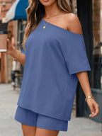 Plus size full size one-shoulder top and shorts set by Trendsi, featuring a stylish off-shoulder top with matching shorts.