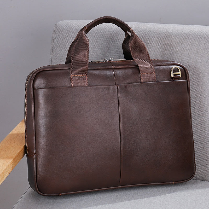 Genuine leather Pi-Mart large capacity men's briefcase with multiple compartments, horizontal design, first-layer cowhide computer bag.