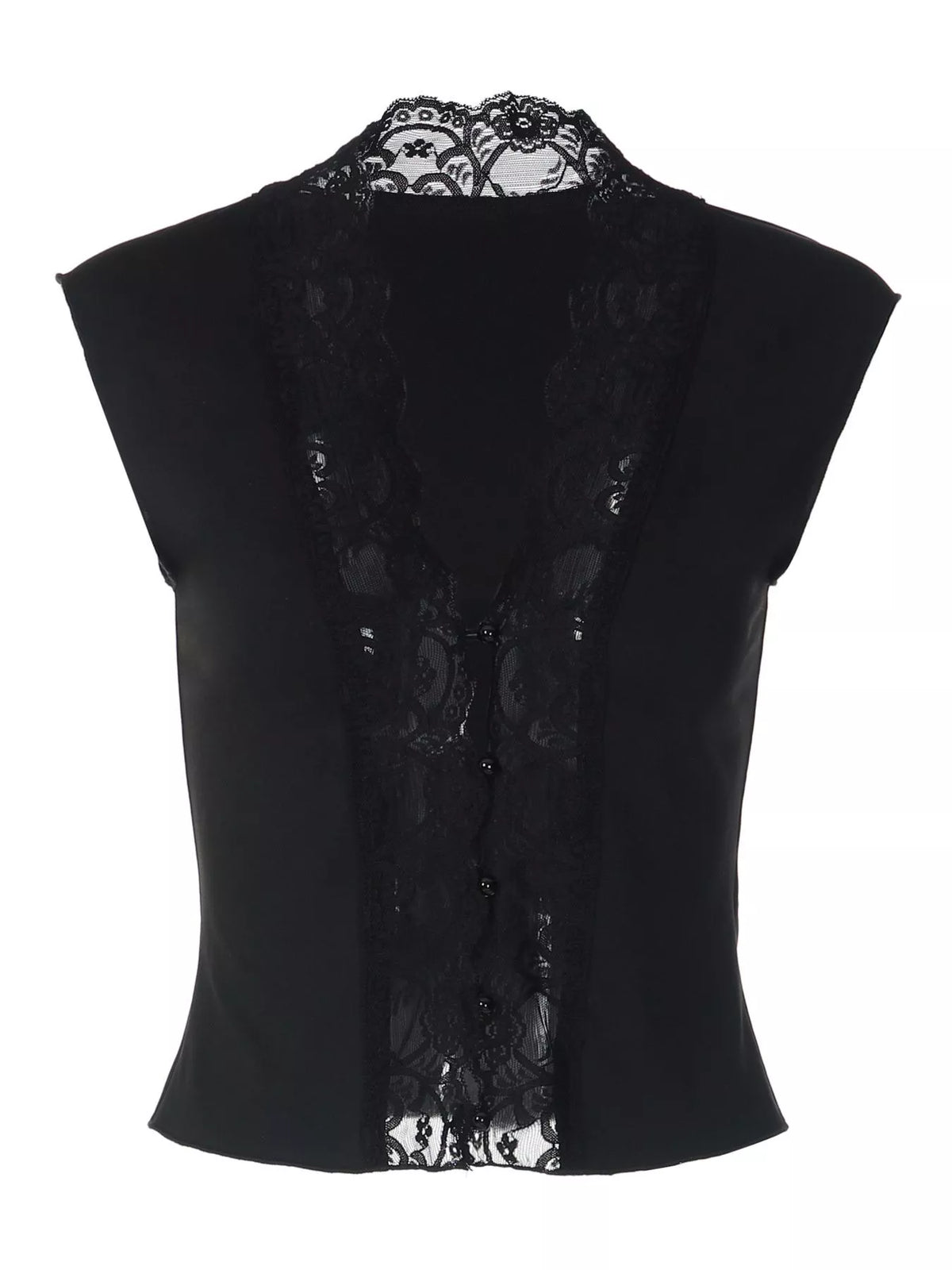 Plush Fashion Hub lace trim button front vest featuring delicate lace details and a stylish sleeveless design.