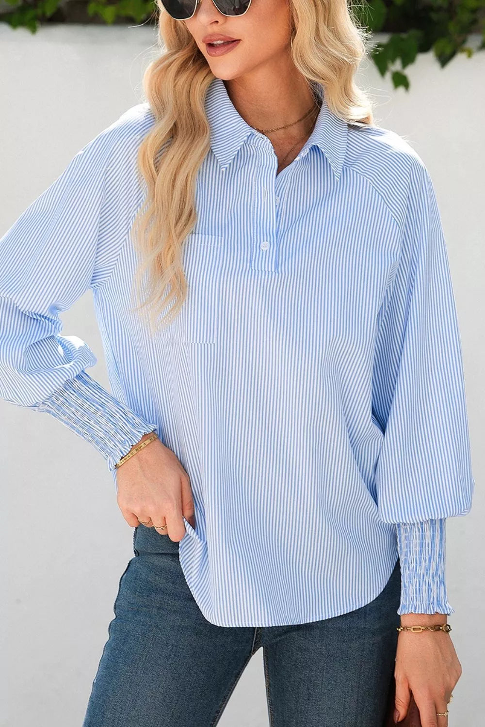 Striped smocked sleeve collared neck blouse from Trendsi featuring a stylish pattern and relaxed fit.