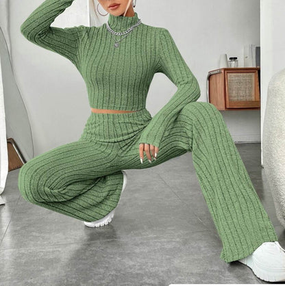 Long Sleeve Turtleneck Wide Leg High Waist Pants Suit - Plush Fashions Shop 